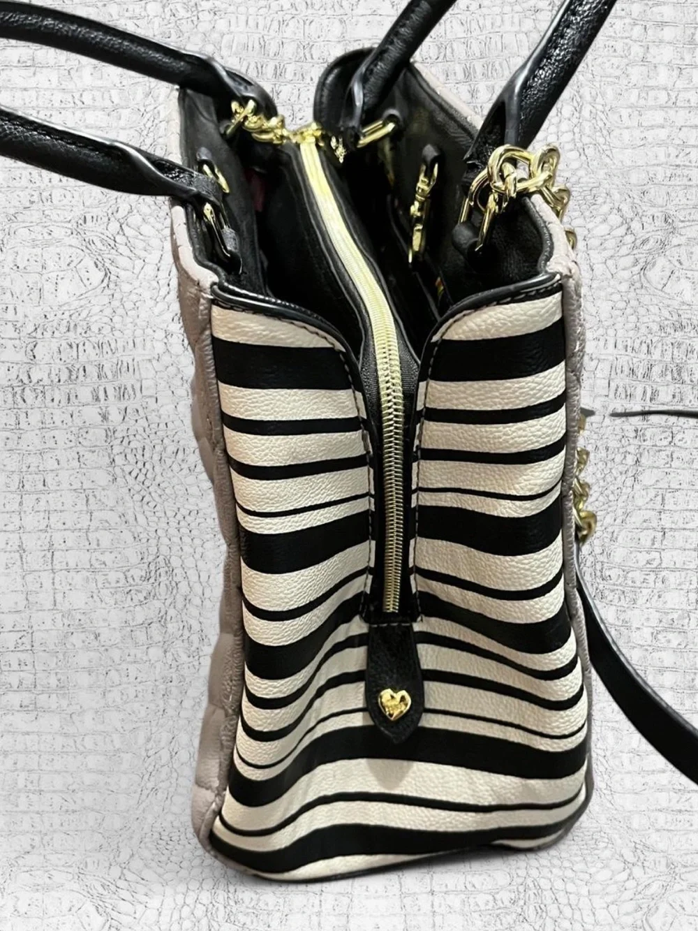 Betsey Johnson Quilted Satchel with Black Trim and Striped Sides